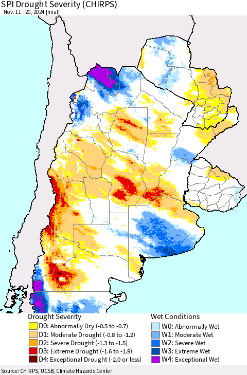 Southern South America SPI Drought Severity (CHIRPS) Thematic Map For 11/11/2024 - 11/20/2024
