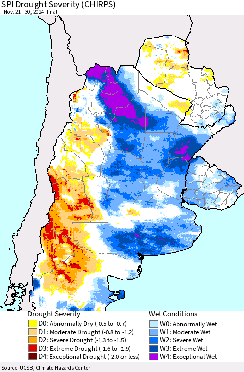 Southern South America SPI Drought Severity (CHIRPS) Thematic Map For 11/21/2024 - 11/30/2024