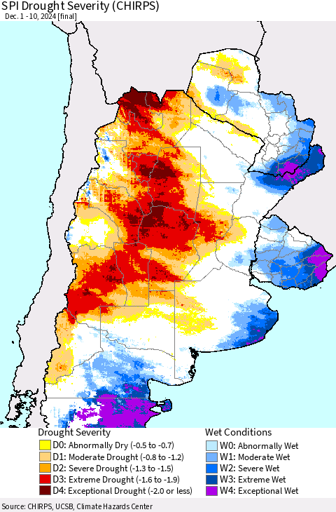 Southern South America SPI Drought Severity (CHIRPS) Thematic Map For 12/1/2024 - 12/10/2024