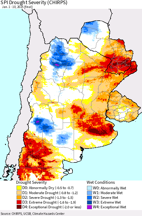 Southern South America SPI Drought Severity (CHIRPS) Thematic Map For 1/1/2025 - 1/10/2025