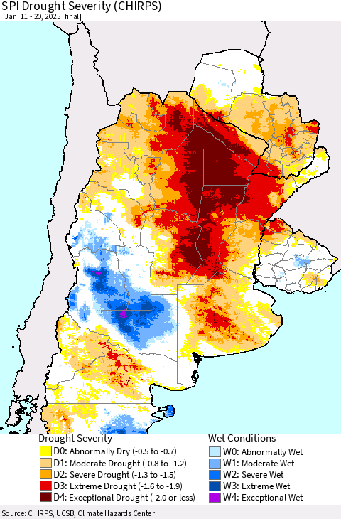 Southern South America SPI Drought Severity (CHIRPS) Thematic Map For 1/11/2025 - 1/20/2025