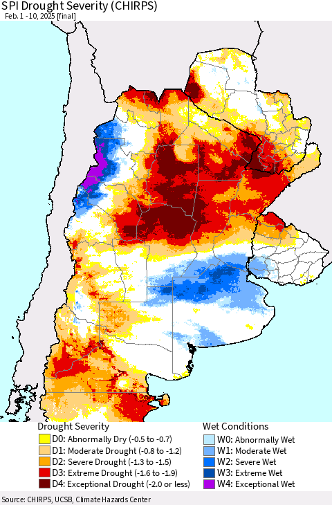 Southern South America SPI Drought Severity (CHIRPS) Thematic Map For 2/1/2025 - 2/10/2025