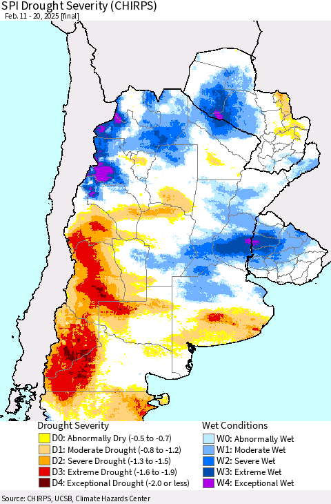 Southern South America SPI Drought Severity (CHIRPS) Thematic Map For 2/11/2025 - 2/20/2025