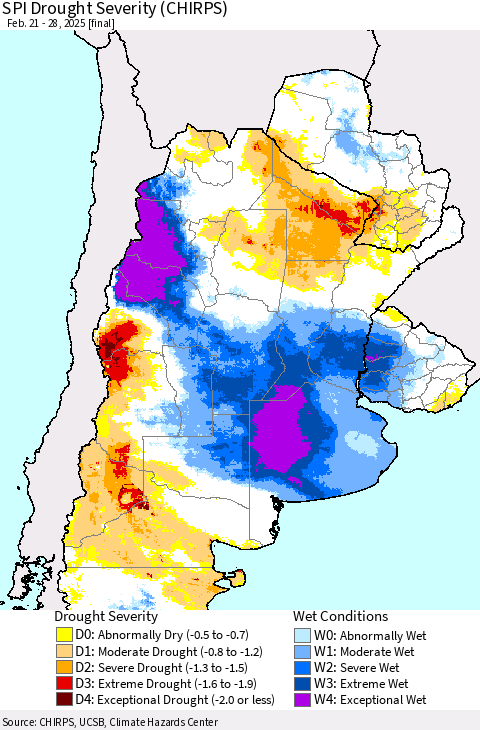 Southern South America SPI Drought Severity (CHIRPS) Thematic Map For 2/21/2025 - 2/28/2025