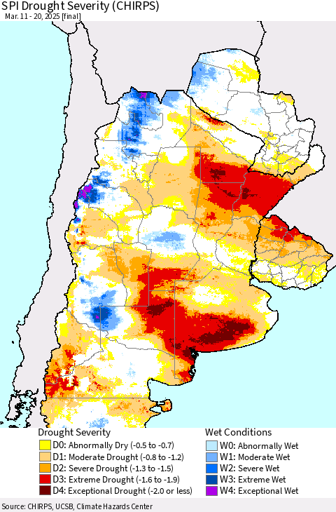 Southern South America SPI Drought Severity (CHIRPS) Thematic Map For 3/11/2025 - 3/20/2025