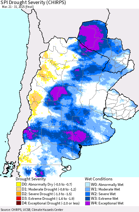 Southern South America SPI Drought Severity (CHIRPS) Thematic Map For 3/21/2025 - 3/31/2025
