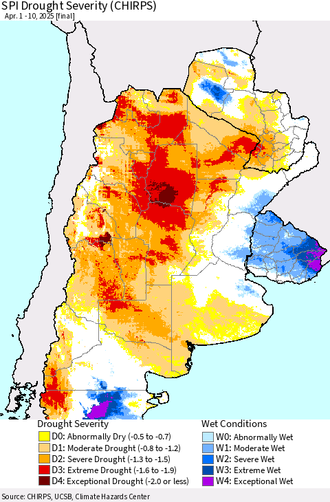 Southern South America SPI Drought Severity (CHIRPS) Thematic Map For 4/1/2025 - 4/10/2025