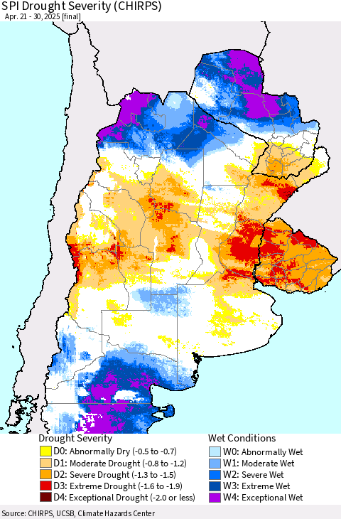 Southern South America SPI Drought Severity (CHIRPS) Thematic Map For 4/21/2025 - 4/30/2025