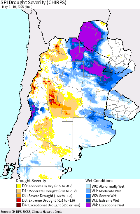 Southern South America SPI Drought Severity (CHIRPS) Thematic Map For 5/1/2025 - 5/10/2025