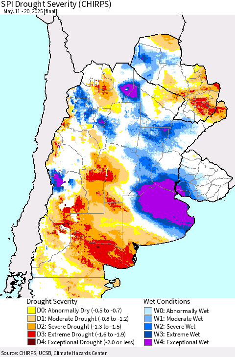 Southern South America SPI Drought Severity (CHIRPS) Thematic Map For 5/11/2025 - 5/20/2025