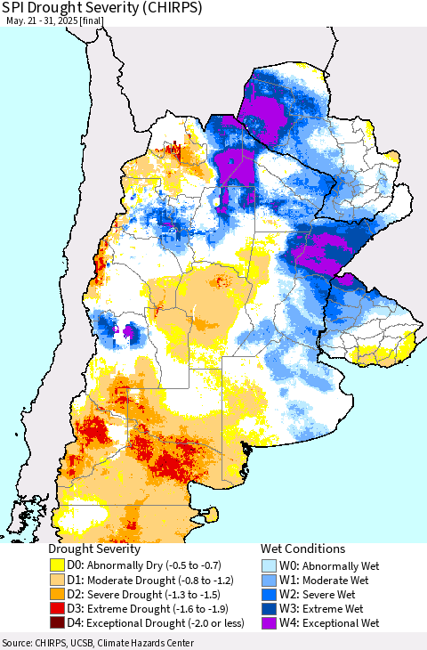 Southern South America SPI Drought Severity (CHIRPS) Thematic Map For 5/21/2025 - 5/31/2025