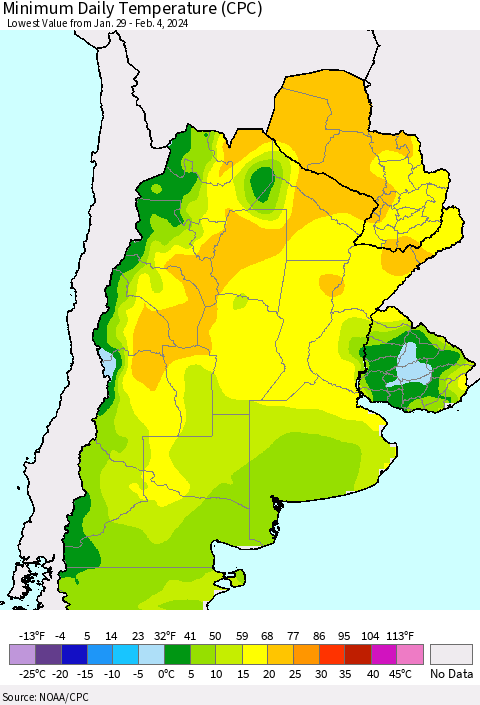 Southern South America Minimum Daily Temperature (CPC) Thematic Map For 1/29/2024 - 2/4/2024