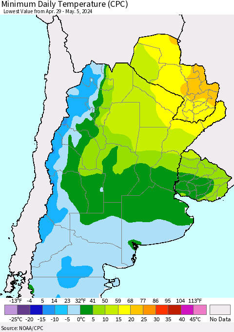 Southern South America Minimum Daily Temperature (CPC) Thematic Map For 4/29/2024 - 5/5/2024