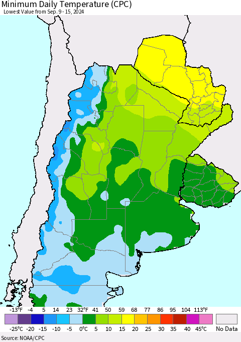 Southern South America Minimum Daily Temperature (CPC) Thematic Map For 9/9/2024 - 9/15/2024