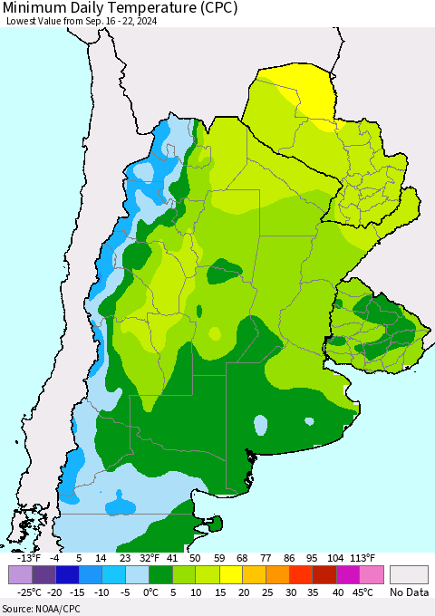 Southern South America Minimum Daily Temperature (CPC) Thematic Map For 9/16/2024 - 9/22/2024