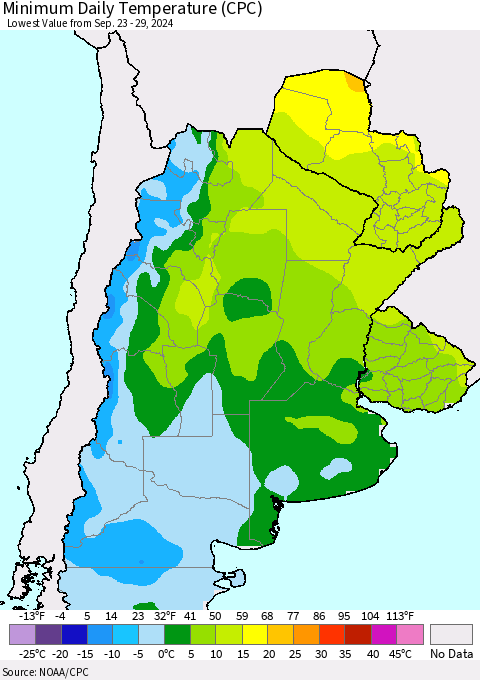 Southern South America Minimum Daily Temperature (CPC) Thematic Map For 9/23/2024 - 9/29/2024