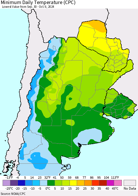 Southern South America Minimum Daily Temperature (CPC) Thematic Map For 9/30/2024 - 10/6/2024