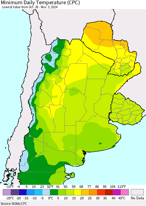 Southern South America Minimum Daily Temperature (CPC) Thematic Map For 10/28/2024 - 11/3/2024