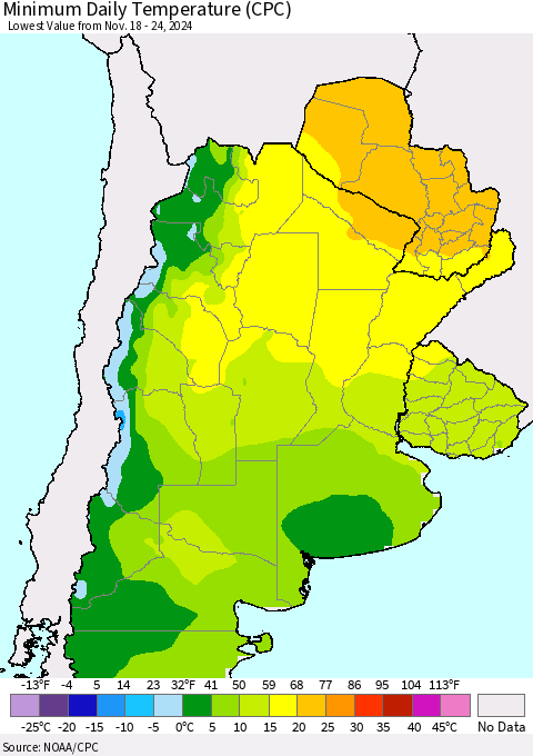 Southern South America Minimum Daily Temperature (CPC) Thematic Map For 11/18/2024 - 11/24/2024