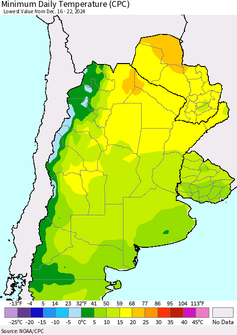 Southern South America Minimum Daily Temperature (CPC) Thematic Map For 12/16/2024 - 12/22/2024