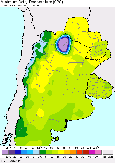 Southern South America Minimum Daily Temperature (CPC) Thematic Map For 12/23/2024 - 12/29/2024