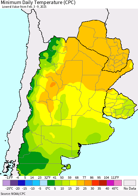 Southern South America Minimum Daily Temperature (CPC) Thematic Map For 2/3/2025 - 2/9/2025