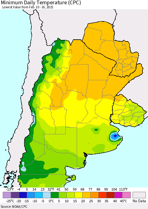 Southern South America Minimum Daily Temperature (CPC) Thematic Map For 2/10/2025 - 2/16/2025