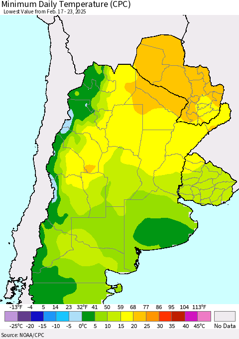 Southern South America Minimum Daily Temperature (CPC) Thematic Map For 2/17/2025 - 2/23/2025