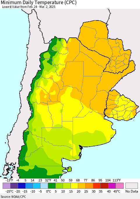 Southern South America Minimum Daily Temperature (CPC) Thematic Map For 2/24/2025 - 3/2/2025
