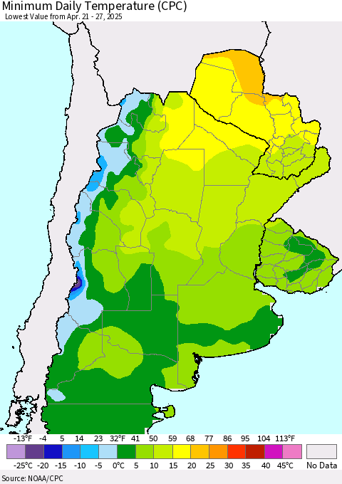Southern South America Minimum Daily Temperature (CPC) Thematic Map For 4/21/2025 - 4/27/2025