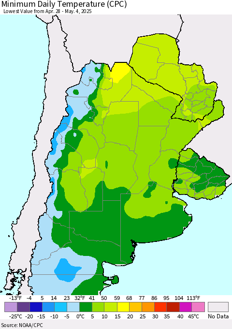 Southern South America Minimum Daily Temperature (CPC) Thematic Map For 4/28/2025 - 5/4/2025