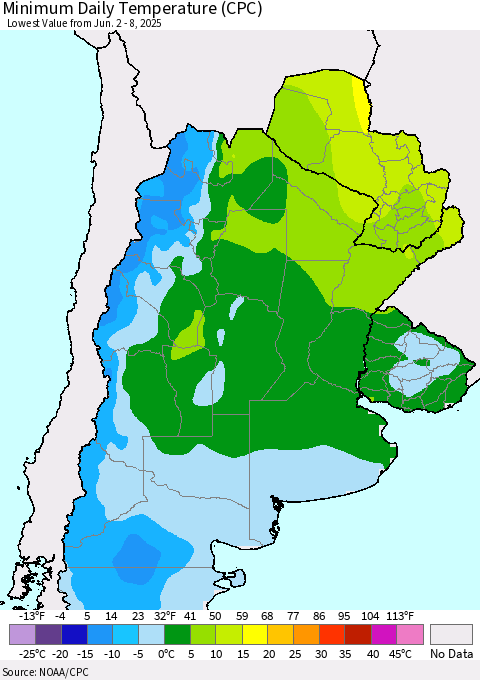 Southern South America Minimum Daily Temperature (CPC) Thematic Map For 6/2/2025 - 6/8/2025