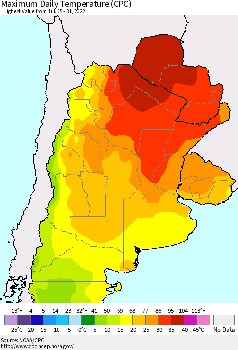 Southern South America Maximum Daily Temperature (CPC) Thematic Map For 7/25/2022 - 7/31/2022