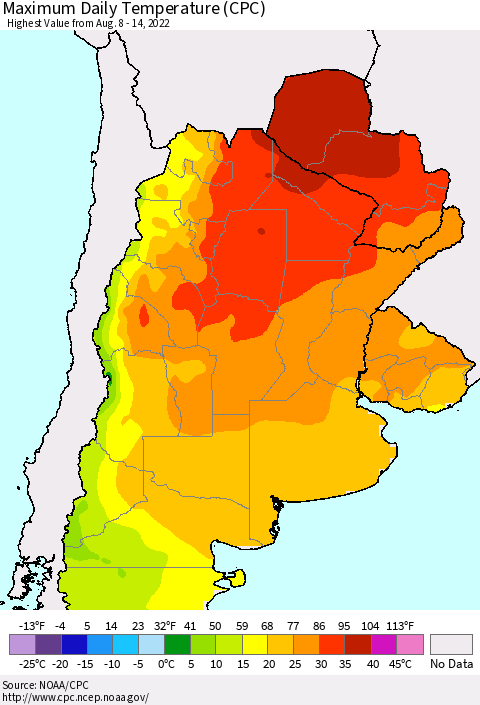 Southern South America Maximum Daily Temperature (CPC) Thematic Map For 8/8/2022 - 8/14/2022