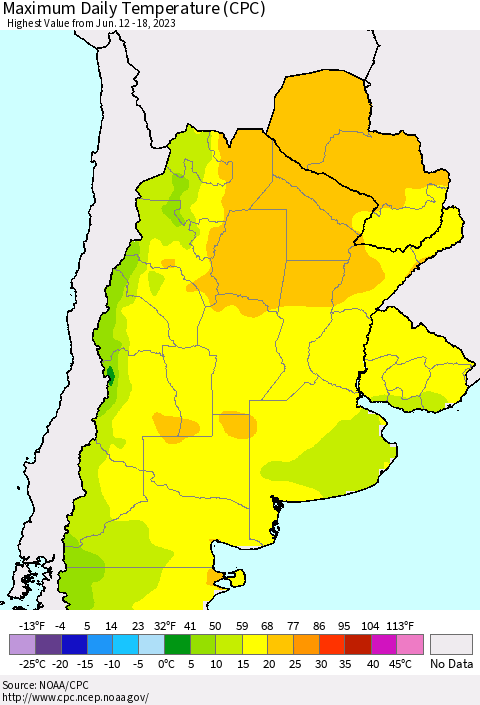 Southern South America Maximum Daily Temperature (CPC) Thematic Map For 6/12/2023 - 6/18/2023