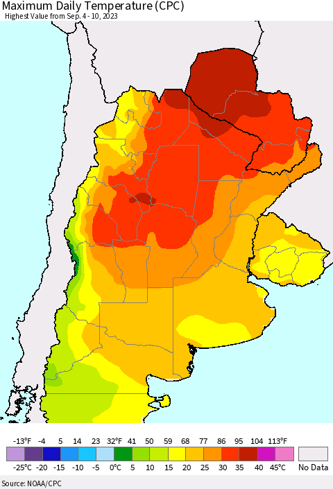 Southern South America Maximum Daily Temperature (CPC) Thematic Map For 9/4/2023 - 9/10/2023