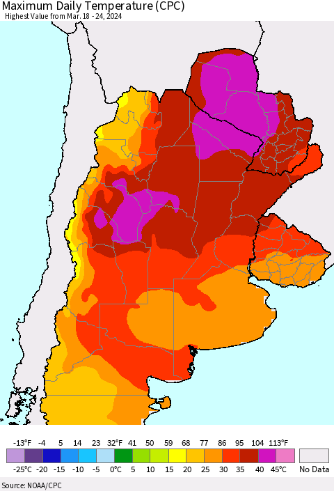 Southern South America Maximum Daily Temperature (CPC) Thematic Map For 3/18/2024 - 3/24/2024