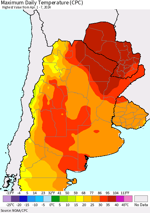 Southern South America Maximum Daily Temperature (CPC) Thematic Map For 4/1/2024 - 4/7/2024