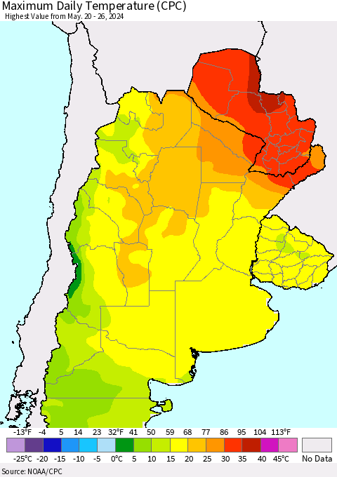 Southern South America Maximum Daily Temperature (CPC) Thematic Map For 5/20/2024 - 5/26/2024