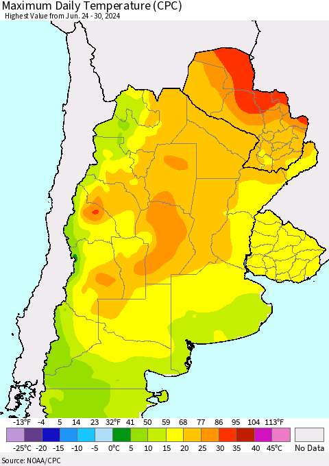 Southern South America Maximum Daily Temperature (CPC) Thematic Map For 6/24/2024 - 6/30/2024