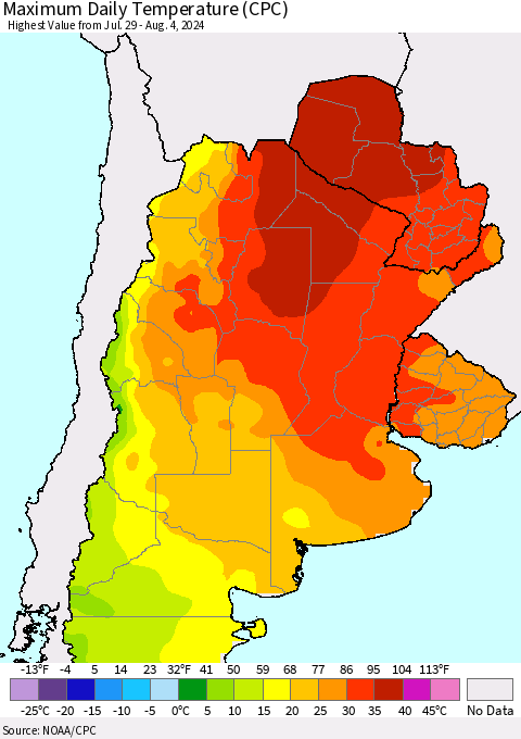 Southern South America Maximum Daily Temperature (CPC) Thematic Map For 7/29/2024 - 8/4/2024