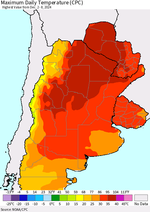 Southern South America Maximum Daily Temperature (CPC) Thematic Map For 12/2/2024 - 12/8/2024