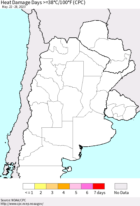 Southern South America Heat Damage Days >=38°C/100°F (CPC) Thematic Map For 5/22/2023 - 5/28/2023