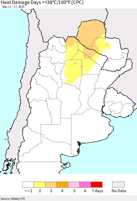 Southern South America Heat Damage Days >=38°C/100°F (CPC) Thematic Map For 9/11/2023 - 9/17/2023