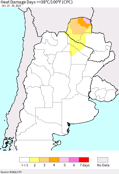 Southern South America Heat Damage Days >=38°C/100°F (CPC) Thematic Map For 10/23/2023 - 10/29/2023
