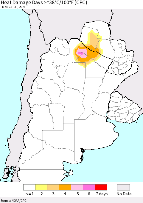 Southern South America Heat Damage Days >=38°C/100°F (CPC) Thematic Map For 3/25/2024 - 3/31/2024