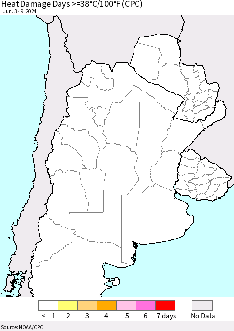 Southern South America Heat Damage Days >=38°C/100°F (CPC) Thematic Map For 6/3/2024 - 6/9/2024