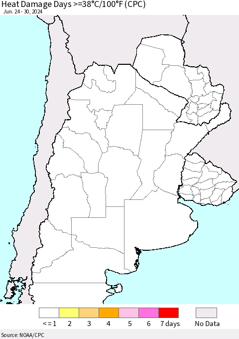 Southern South America Heat Damage Days >=38°C/100°F (CPC) Thematic Map For 6/24/2024 - 6/30/2024