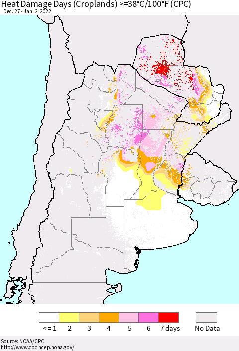 Southern South America Heat Damage Days (Croplands) >=38°C/100°F (CPC) Thematic Map For 12/27/2021 - 1/2/2022