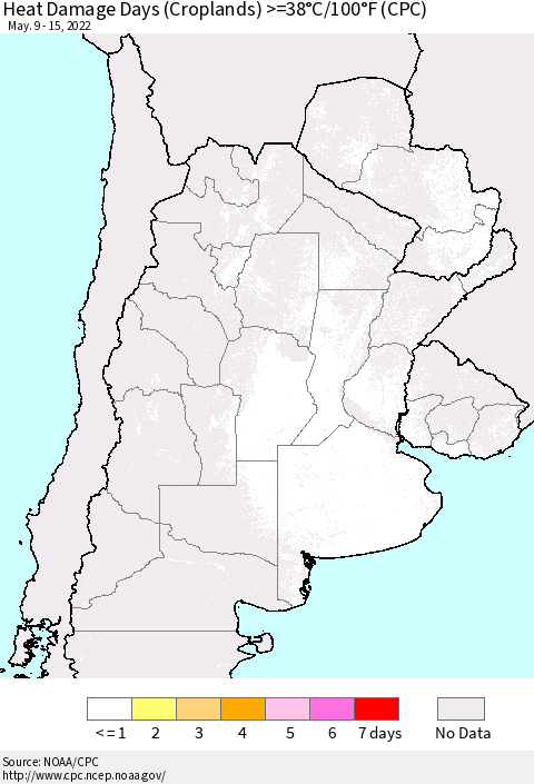 Southern South America Heat Damage Days (Croplands) >=38°C/100°F (CPC) Thematic Map For 5/9/2022 - 5/15/2022